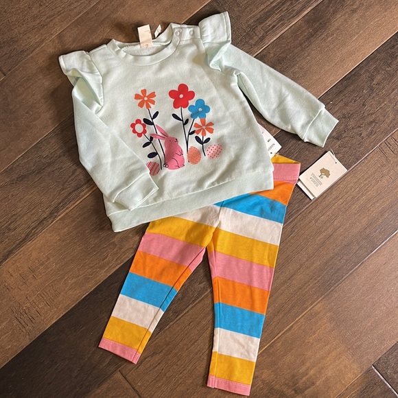 Flutter Graphic Sweatshirt & Leggings Set BLUE GLACIER BUNNY STRIPES, Size 12M - Picture 2 of 5